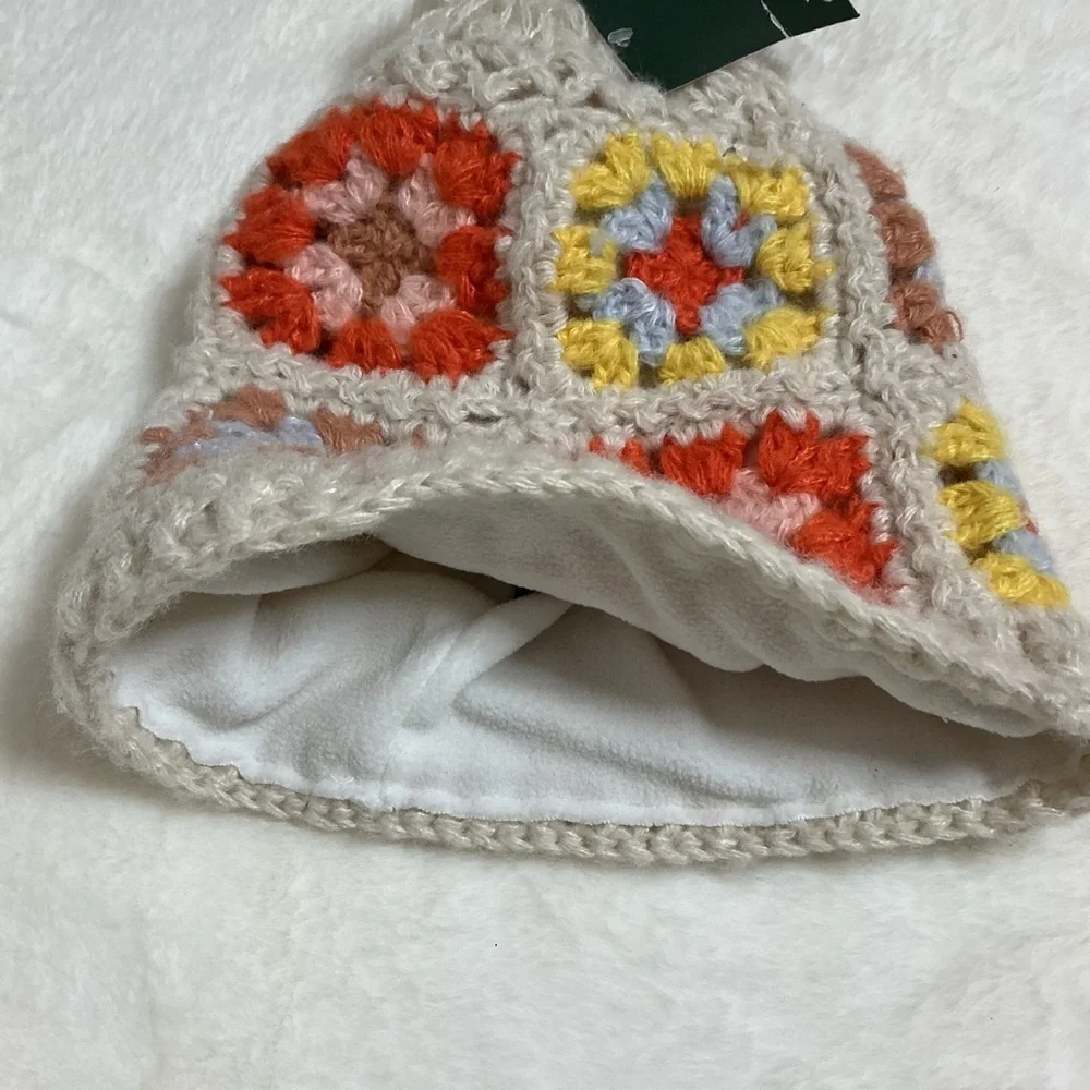 Red and Yellow Granny Square Hat with Pom-Pom